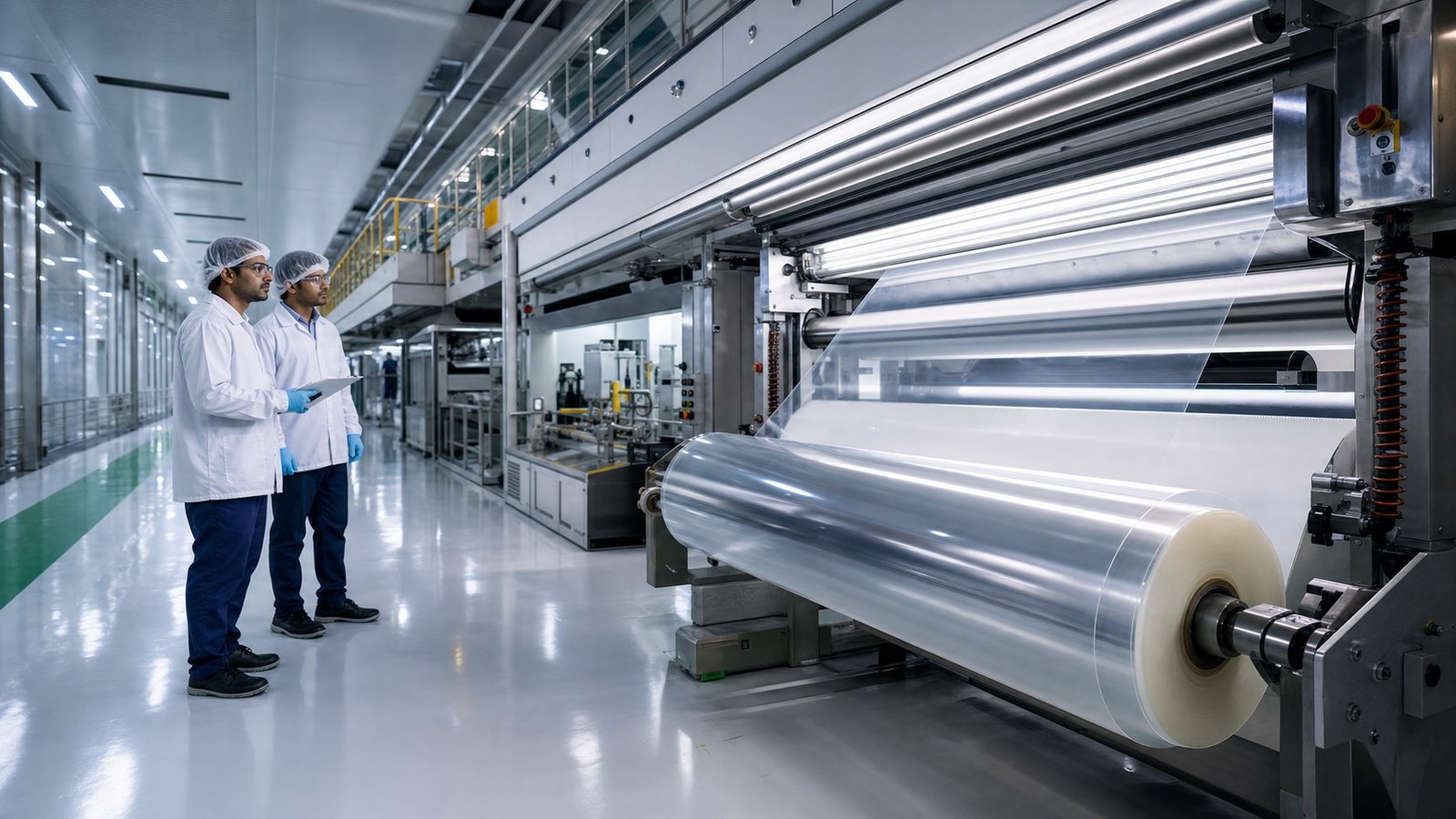 Indian engineers inspecting a dedicated paint protection film production line